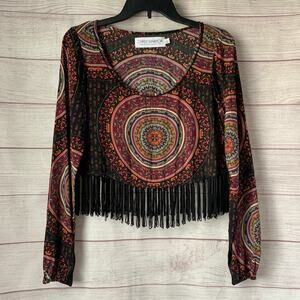 Gypsy Warrior Boho Mandala Print Crop Top Fringe Long Sleeve Size S
